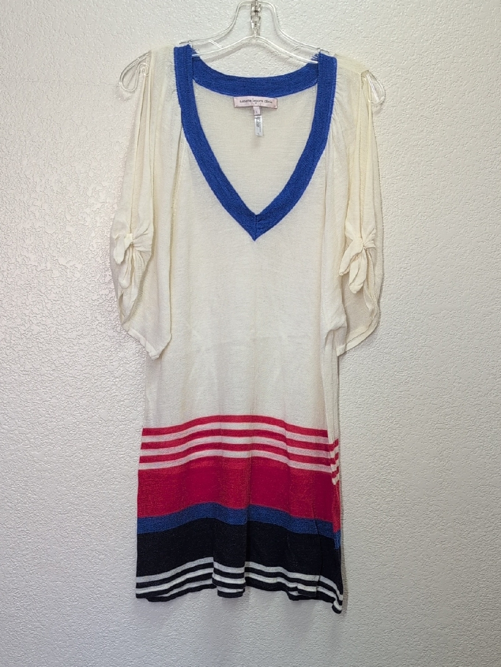 Nanette Lepore Cream Swim Coverup with Blue Neckline and Red & Black Stripes